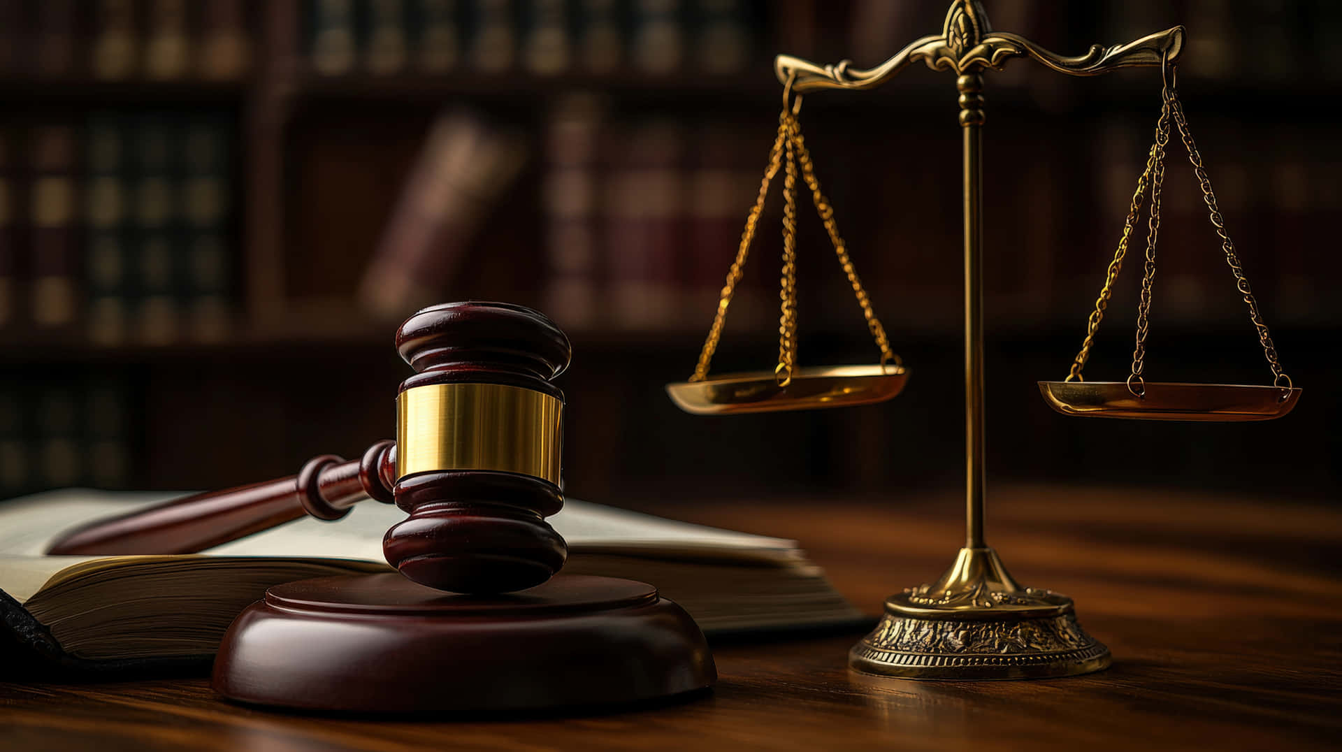 A Close-up Of A Wooden Judge's Gavel And Brass Scales Of Justice Placed On A Desk, Symbolizing Law Background