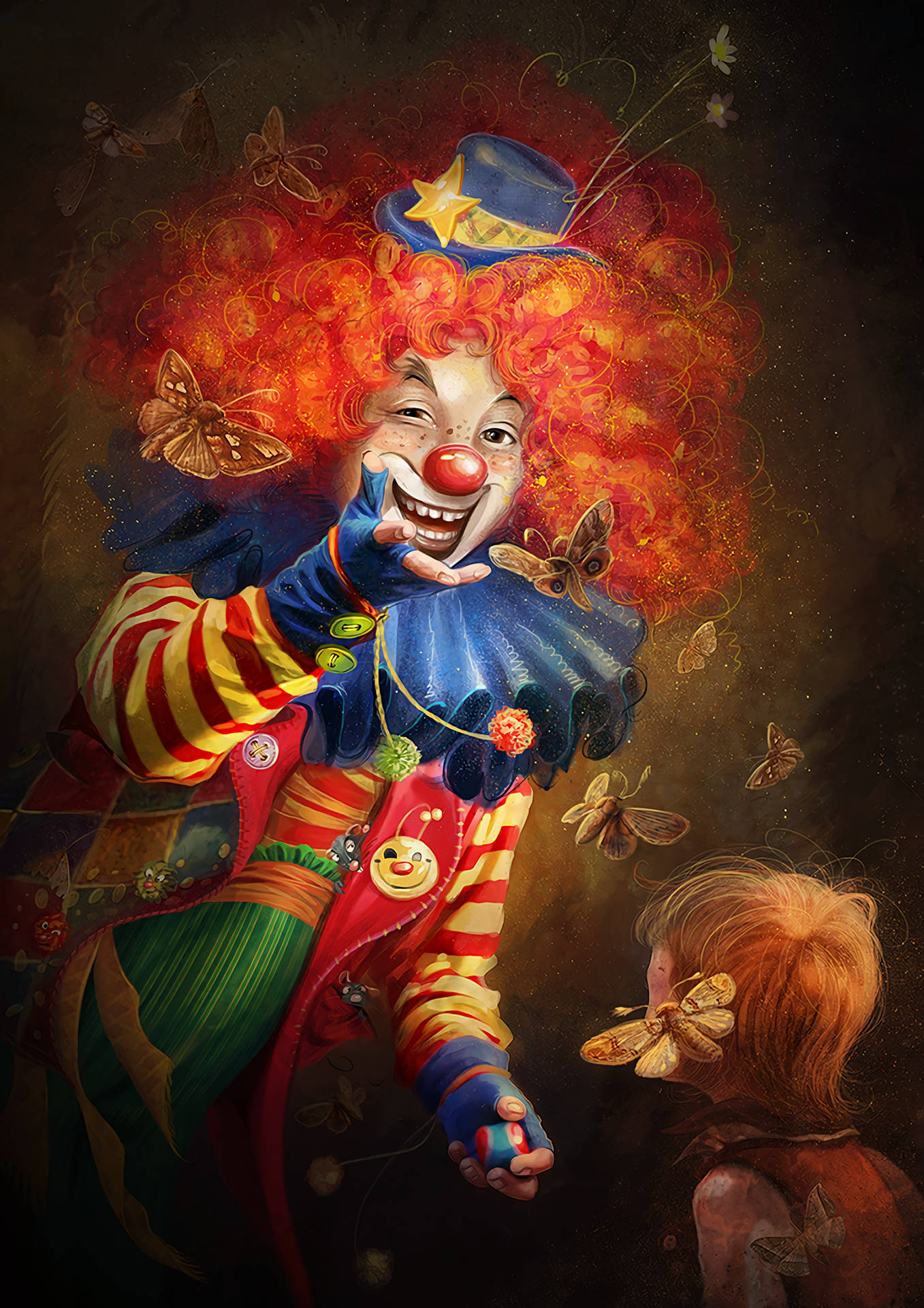 A Clown With Red Hair And A Butterfly Background
