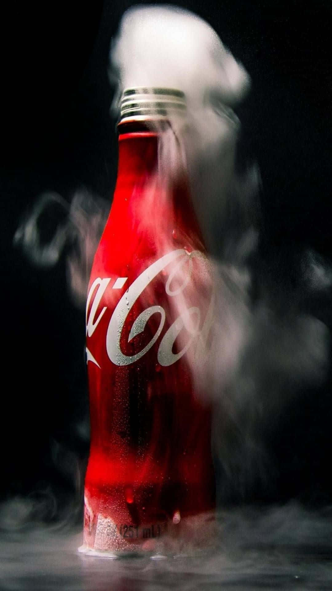 A Coca Cola Bottle With Smoke Coming Out Of It Background