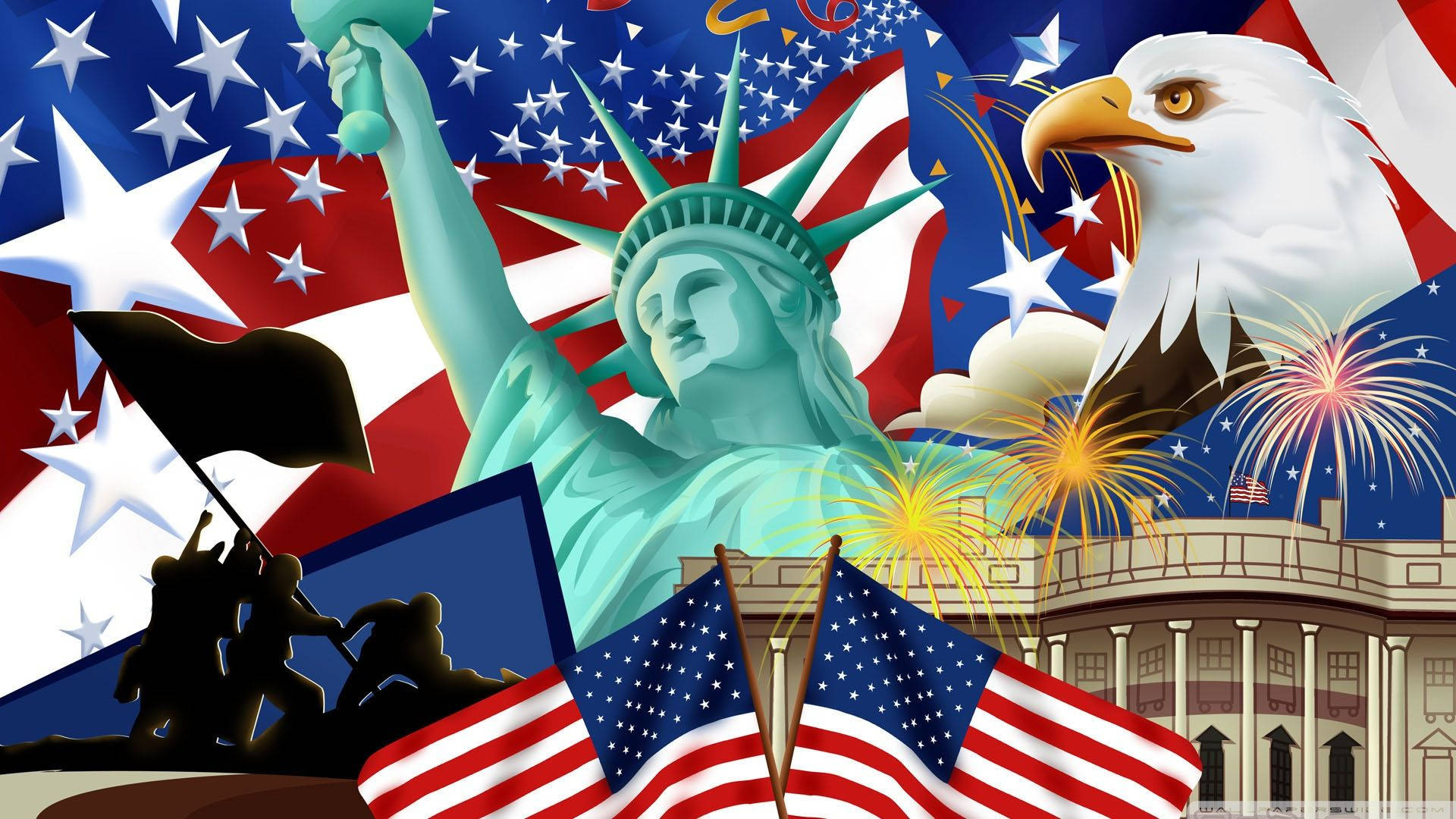 A Collage Of American Flags And Statues Background