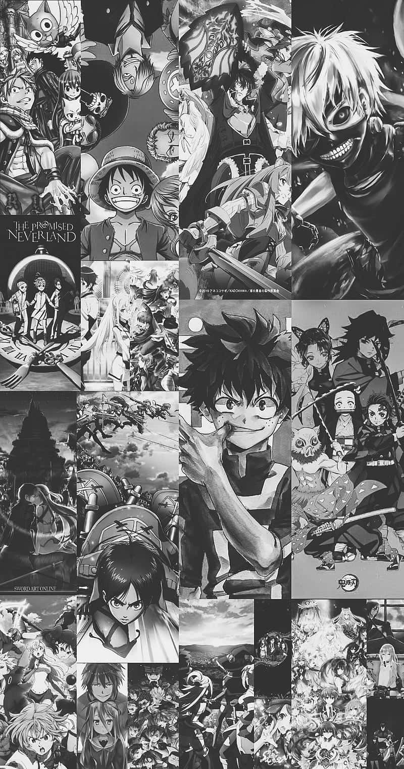 A Collage Of Anime Characters In Black And White Background