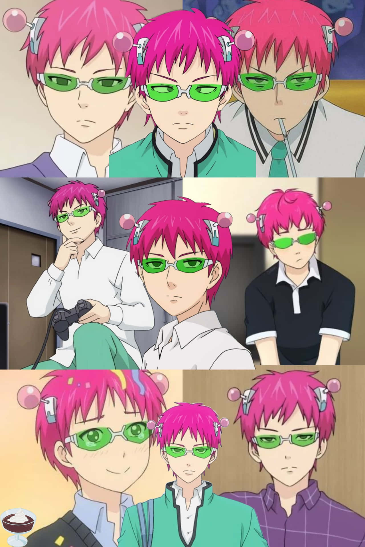 A Collage Of Anime Characters With Pink Hair And Green Glasses Background