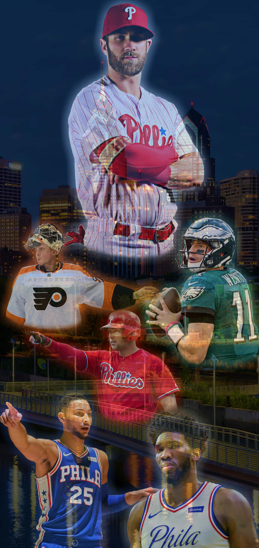 A Collage Of Baseball Players In A City Background