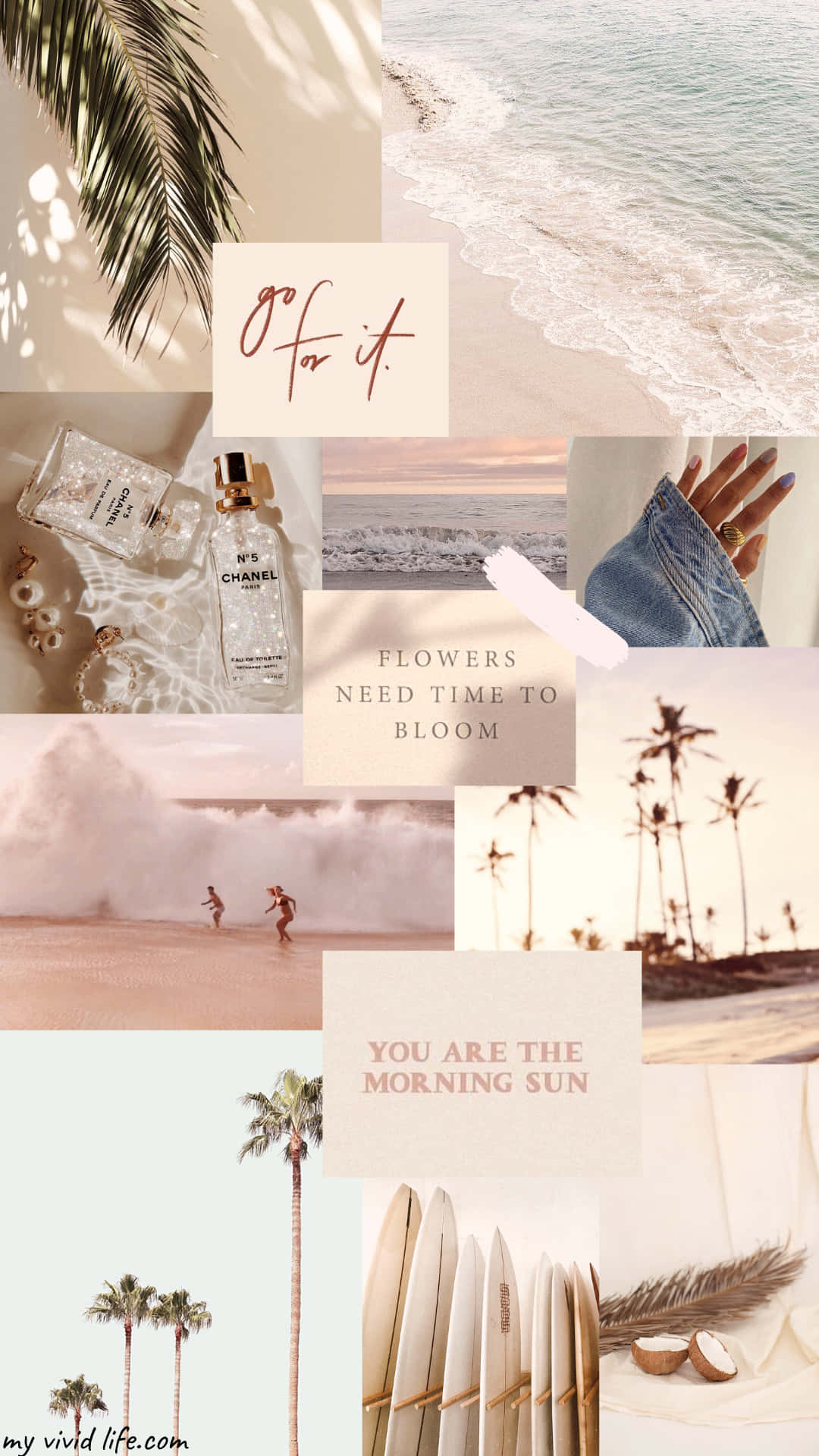 A Collage Of Beach Items And Beach Decor Background
