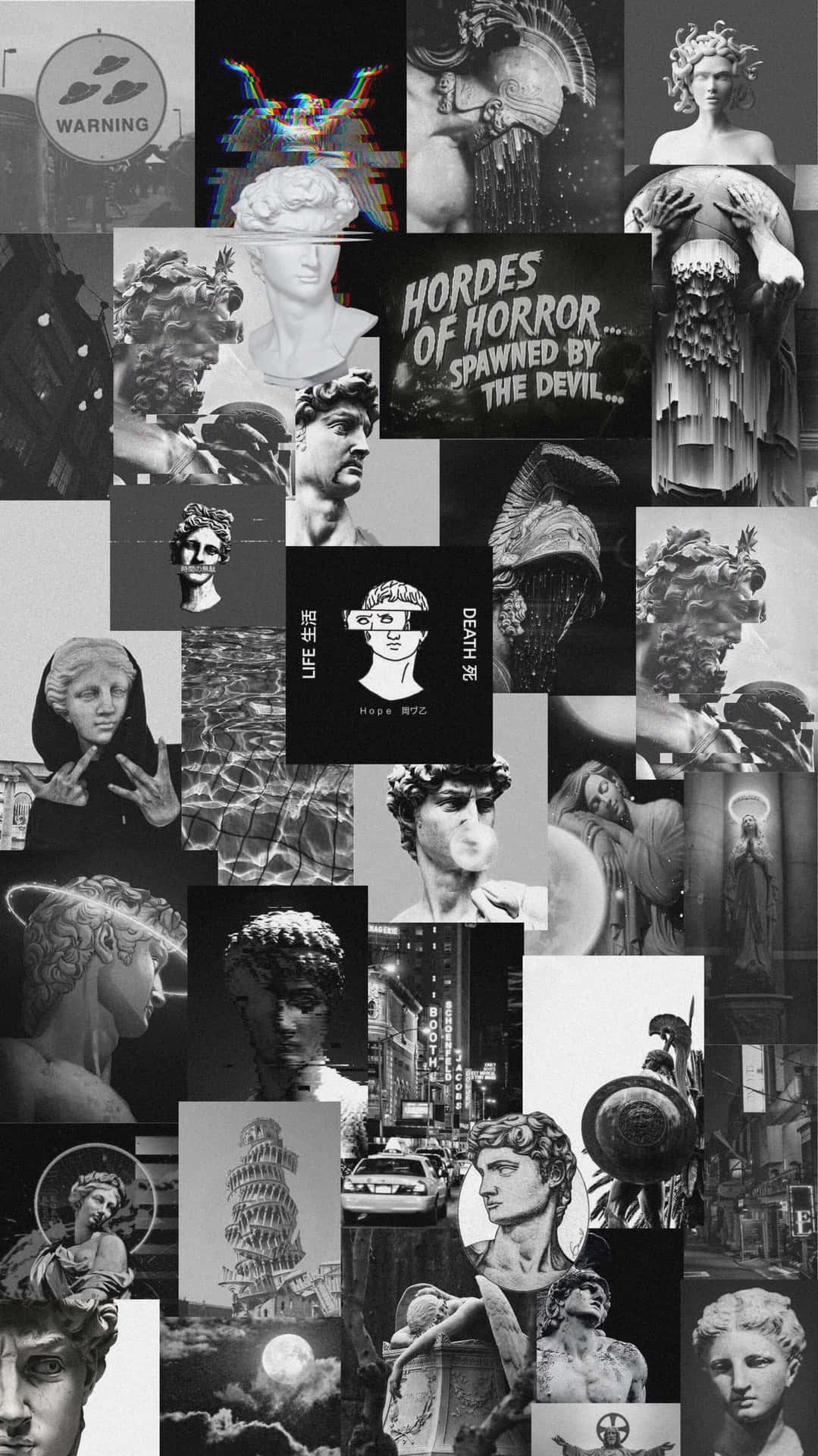 A Collage Of Black And White Images Of Various Statues Background