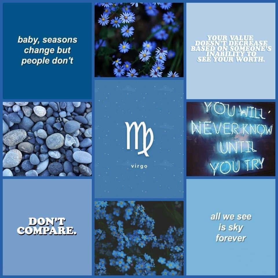 A Collage Of Blue Flowers And Blue Words Background