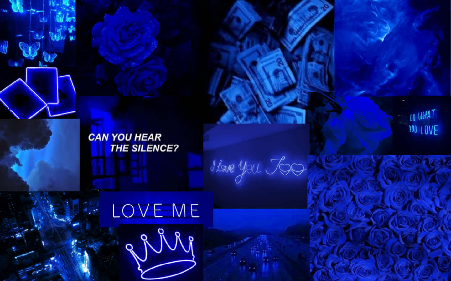 A Collage Of Blue Lights And Blue Words Background