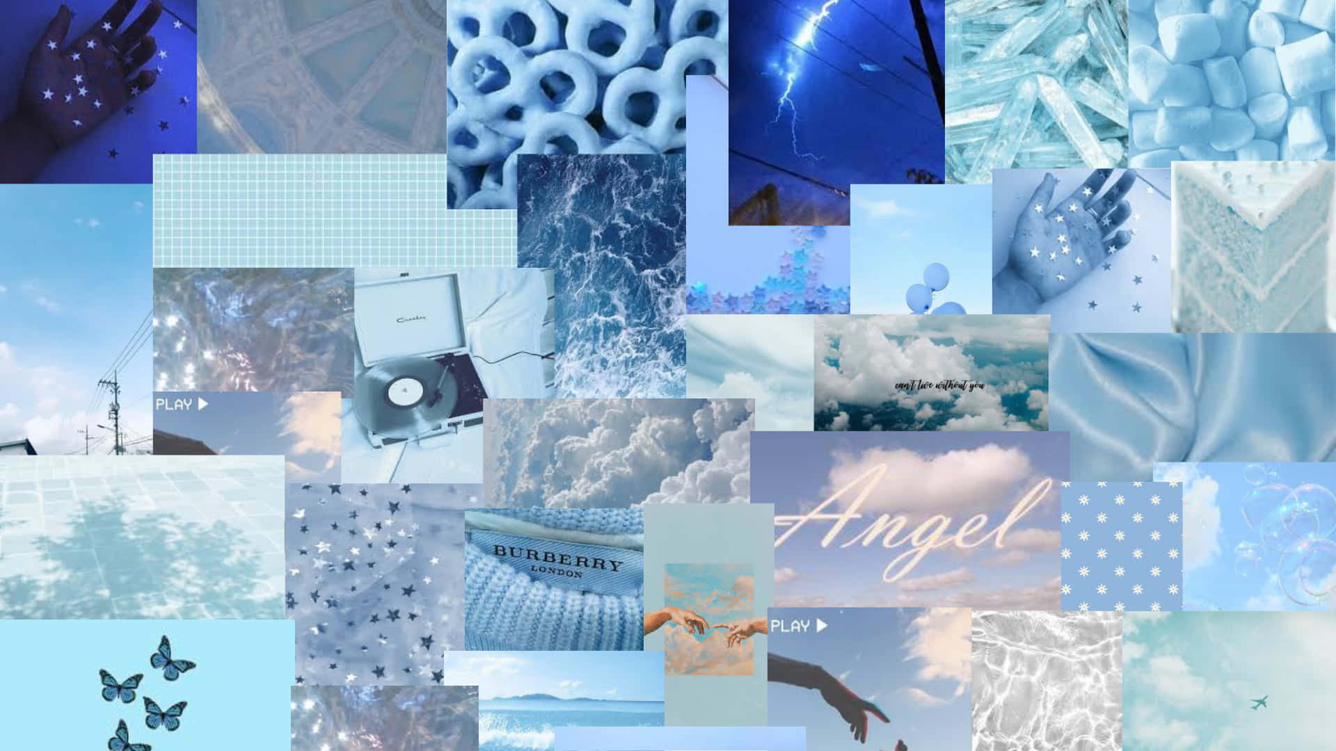 A Collage Of Blue Pictures And Clouds Background