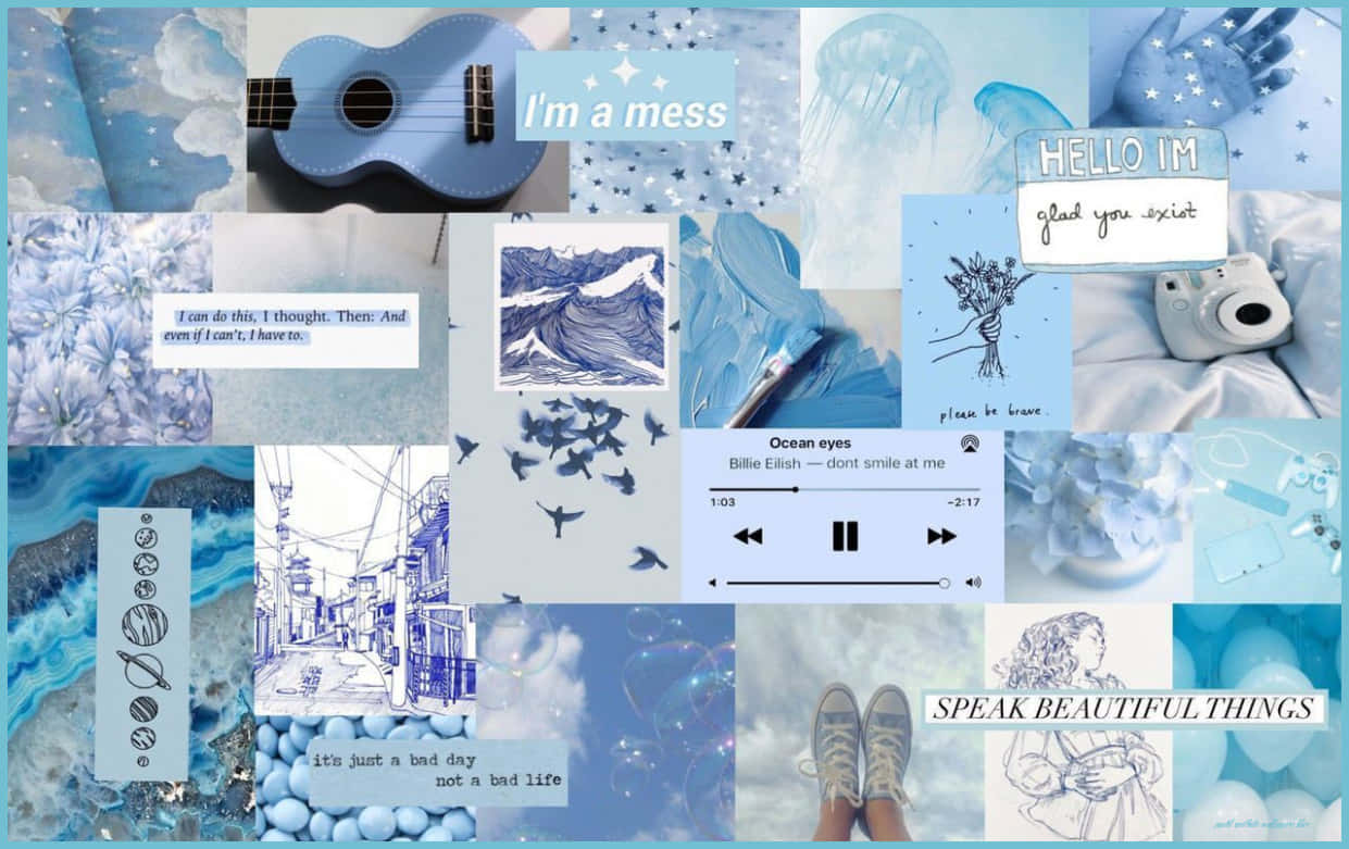A Collage Of Blue Pictures And Words Background
