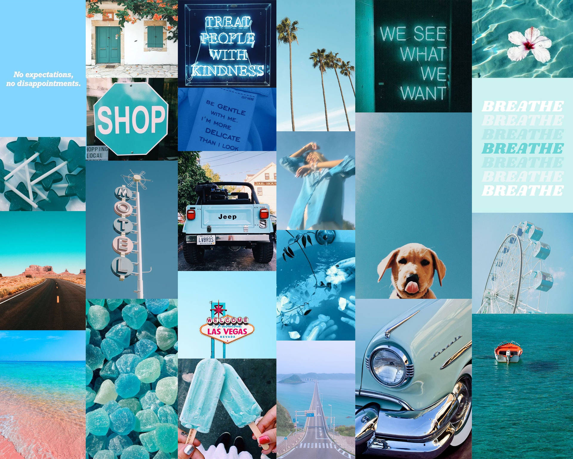 A Collage Of Blue Pictures With A Car And A Beach Background