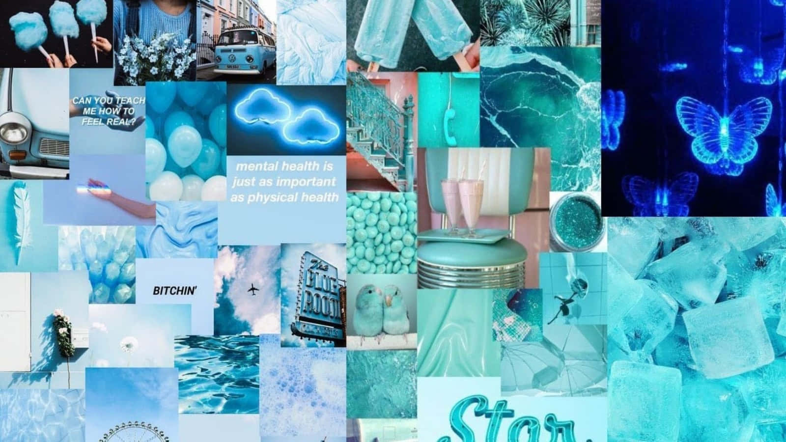 A Collage Of Blue Pictures With A Star Background