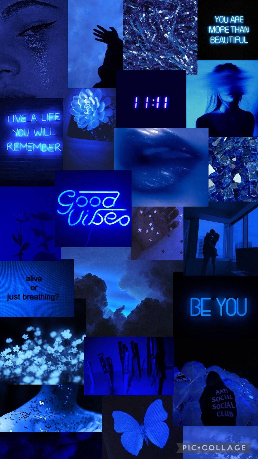 A Collage Of Blue Pictures With The Words Good Vibes Background