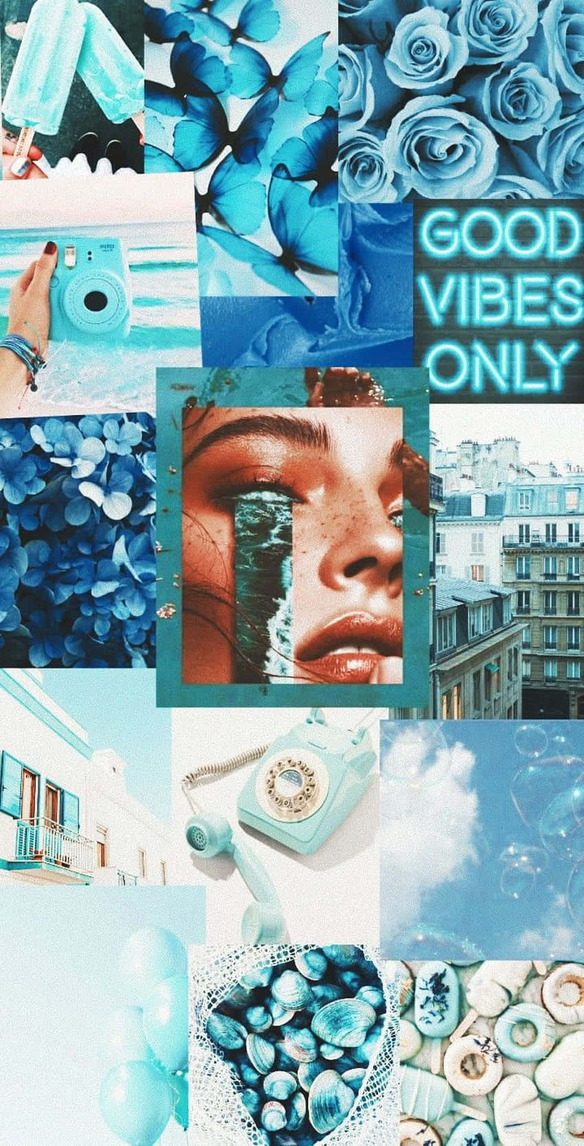 A Collage Of Blue Pictures With The Words Good Vibes Only