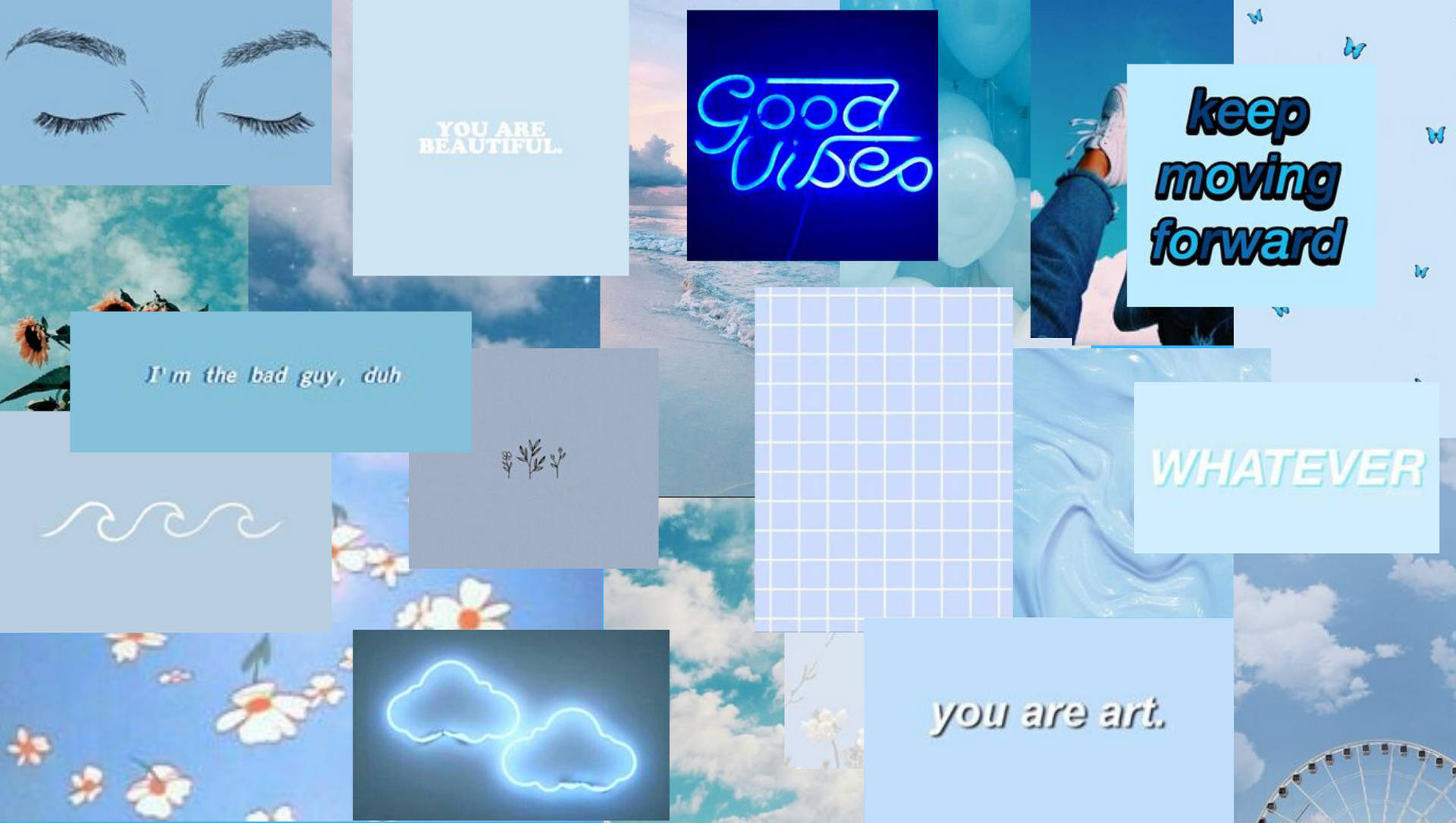 A Collage Of Blue Pictures With The Words'whatever' Background