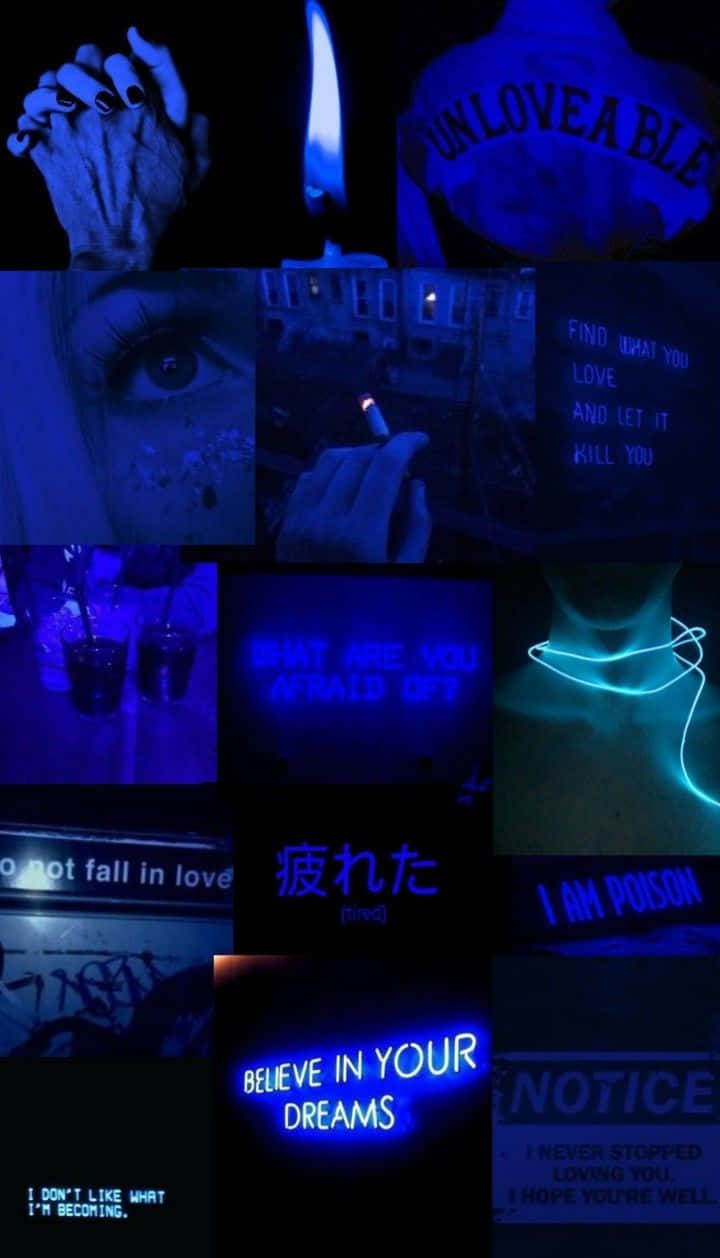 A Collage Of Blue Pictures With Words And Words Background