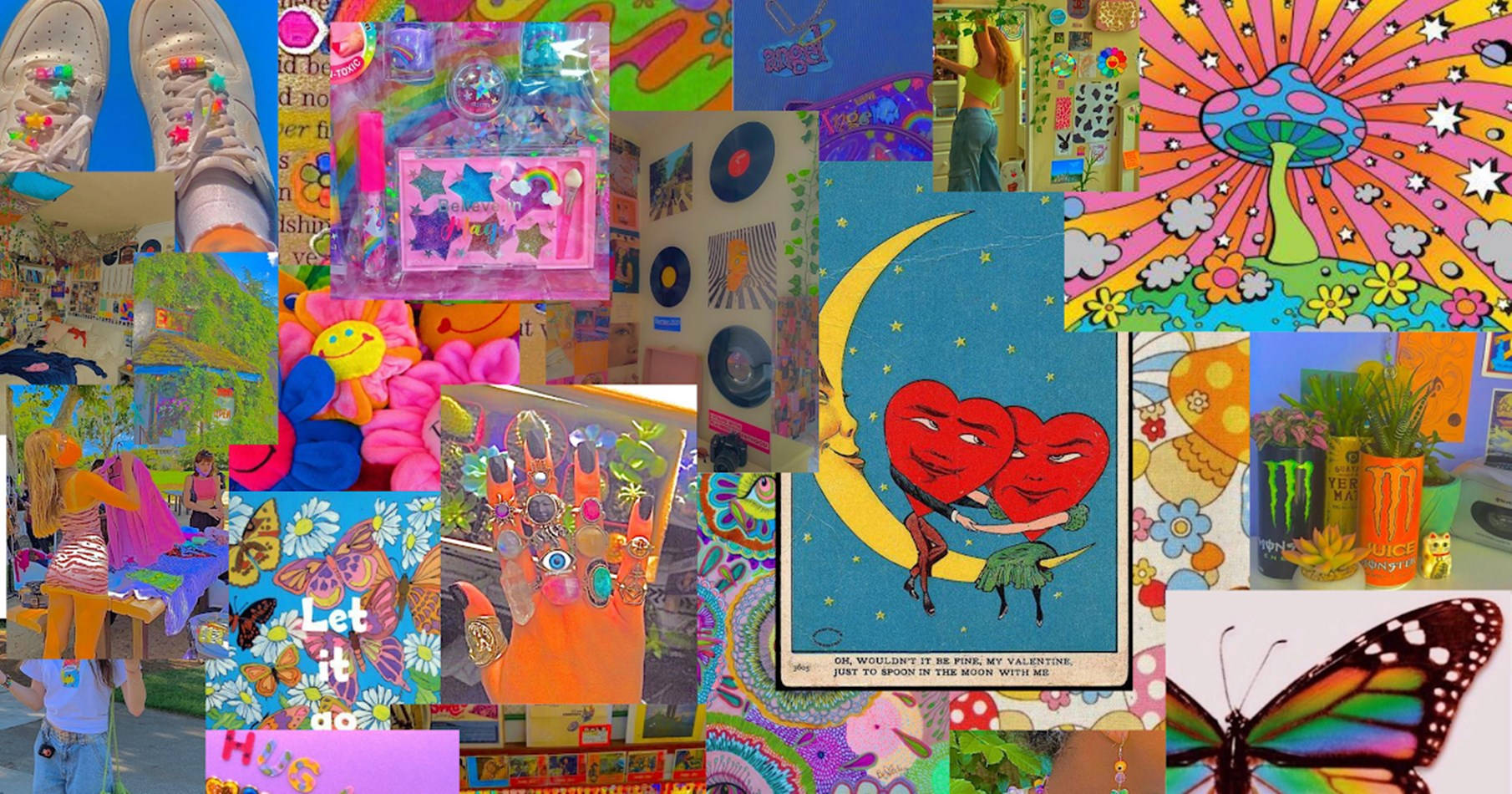 A Collage Of Colorful Pictures And Butterflies Background