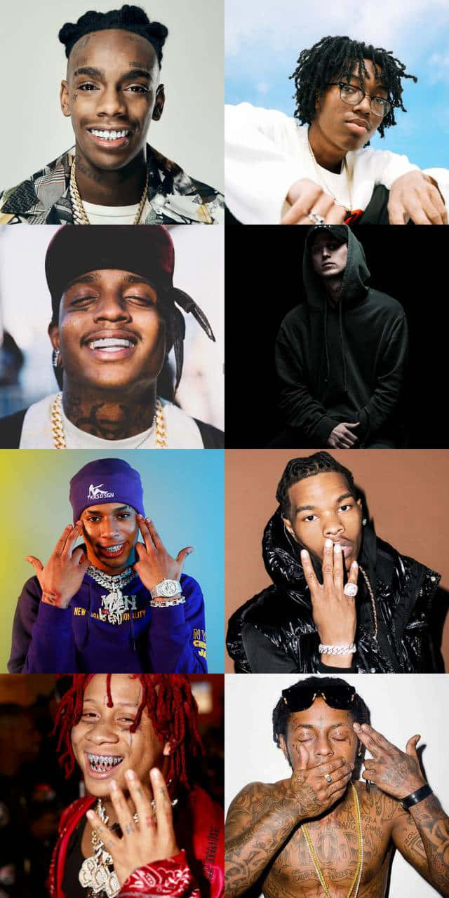 A Collage Of Different Rappers With Their Hands Up Background