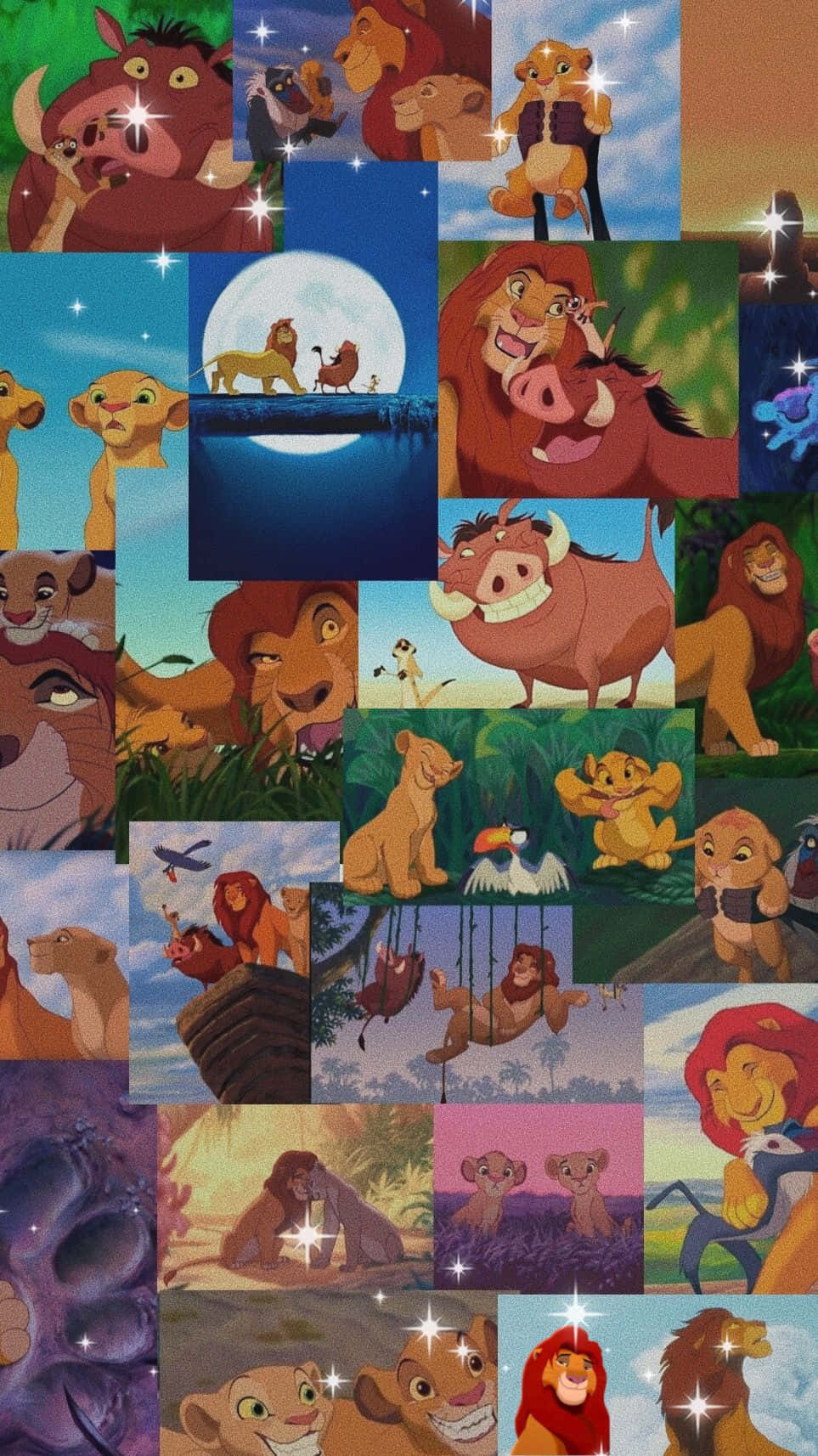 A Collage Of Disney Characters In The Lion King Background