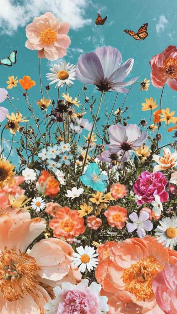 A Collage Of Flowers With Butterflies And Butterflies Background