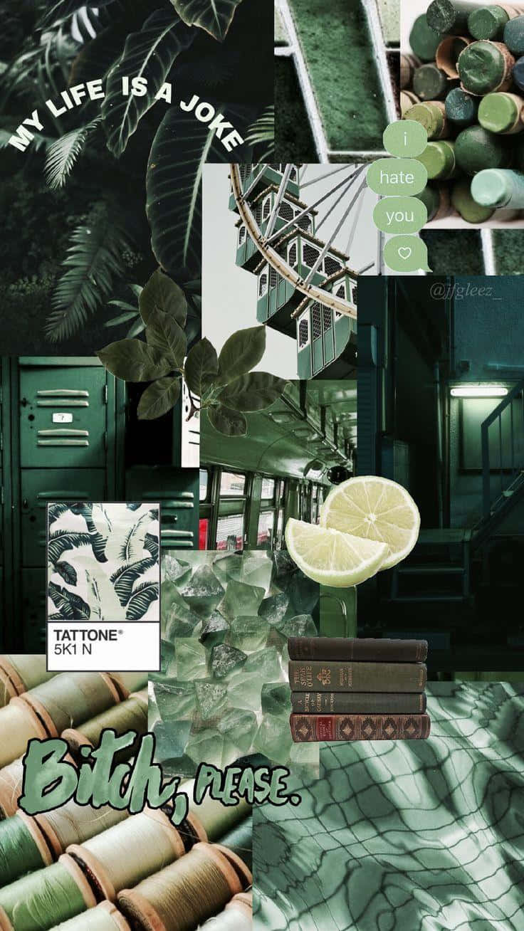 A Collage Of Green And Black Items Background
