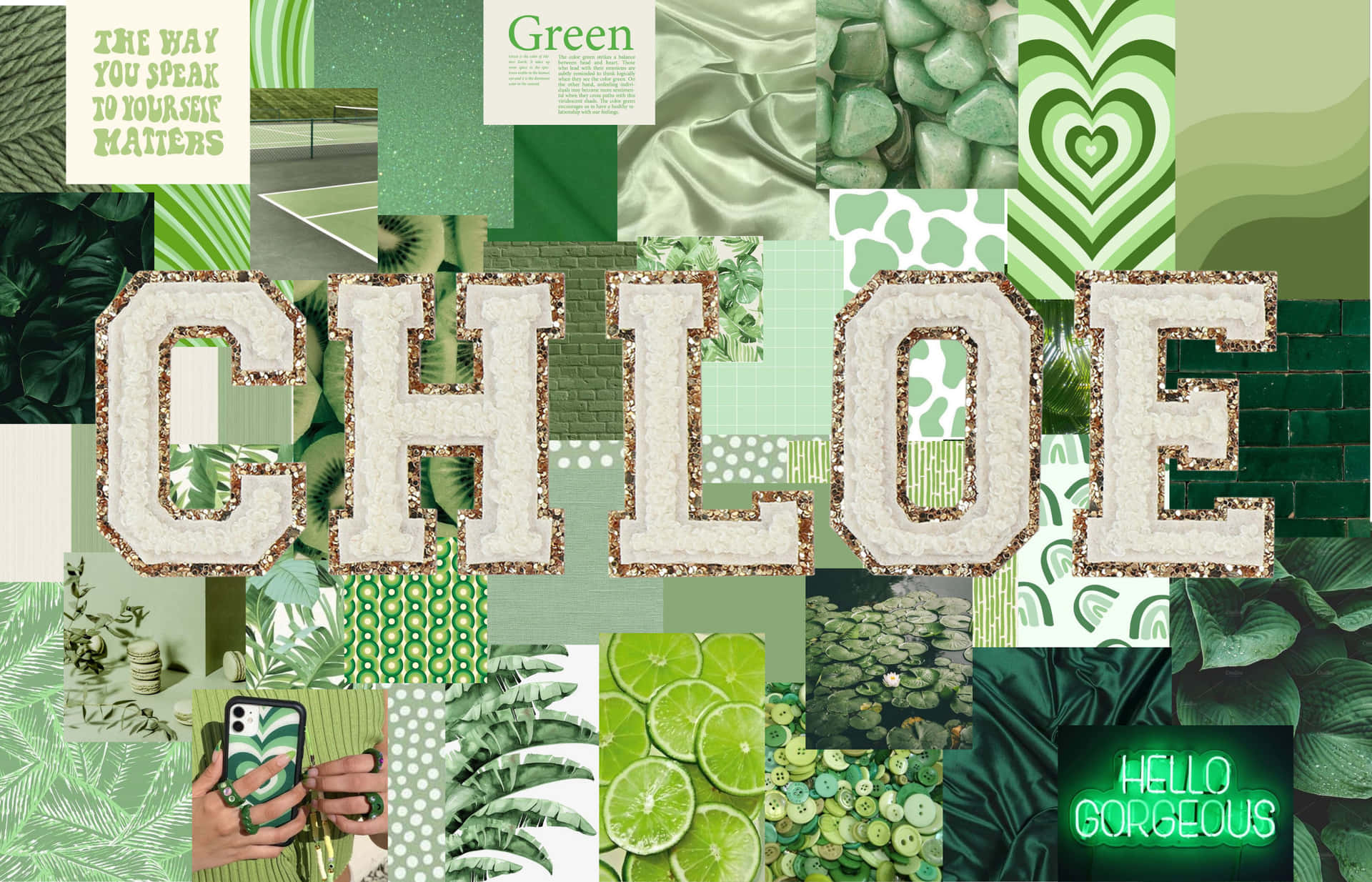 A Collage Of Green And White Images With The Word Chloe Background