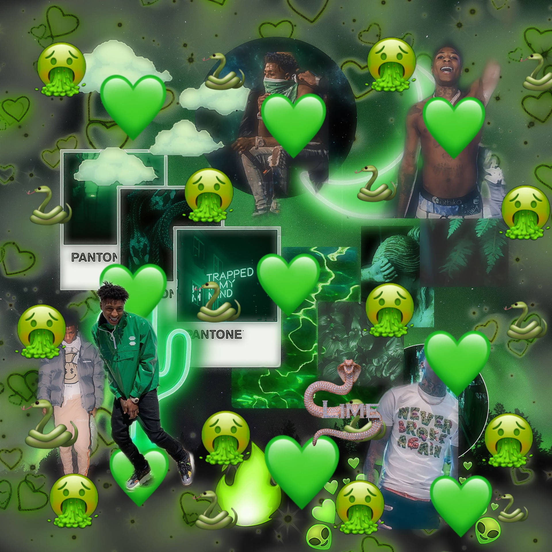 A Collage Of Green Hearts And Other Images Background