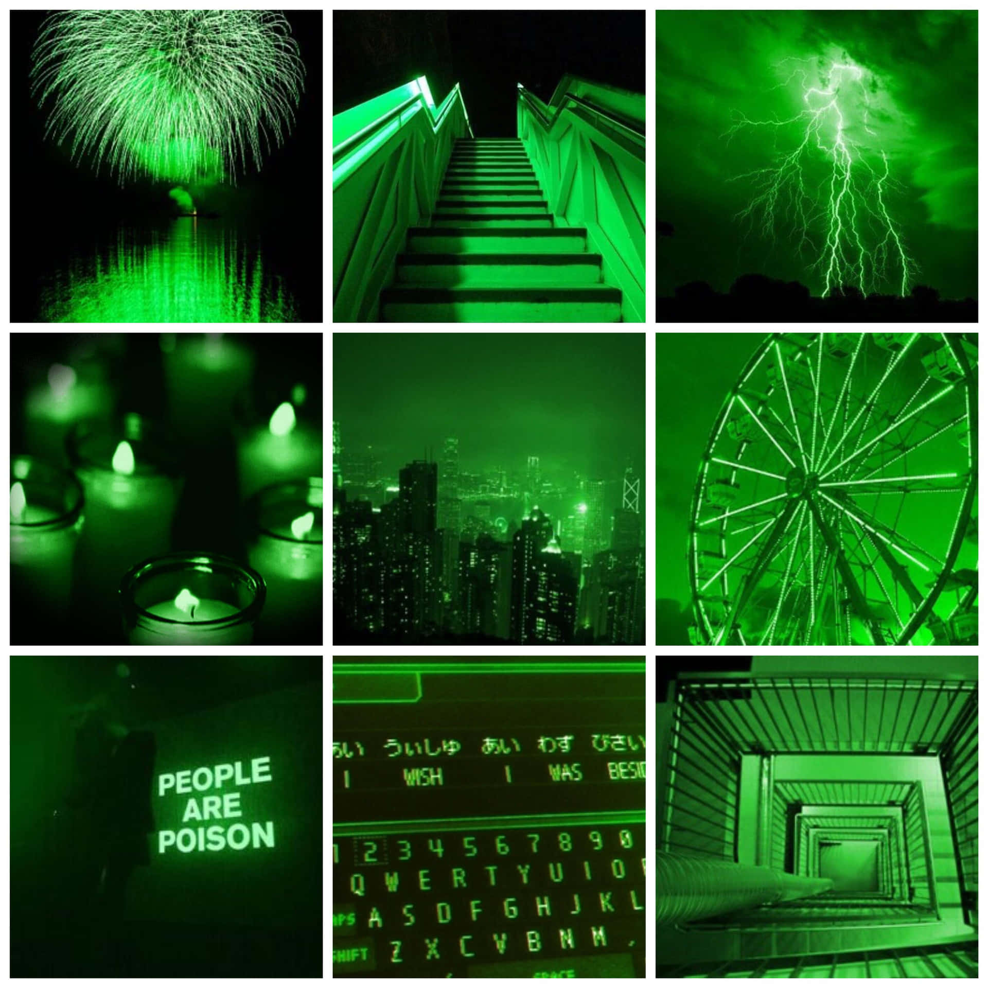A Collage Of Green Images With A Clock And A Fire Background