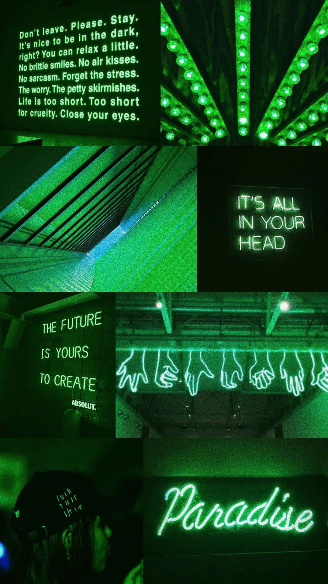 A Collage Of Green Neon Signs And Pictures Background