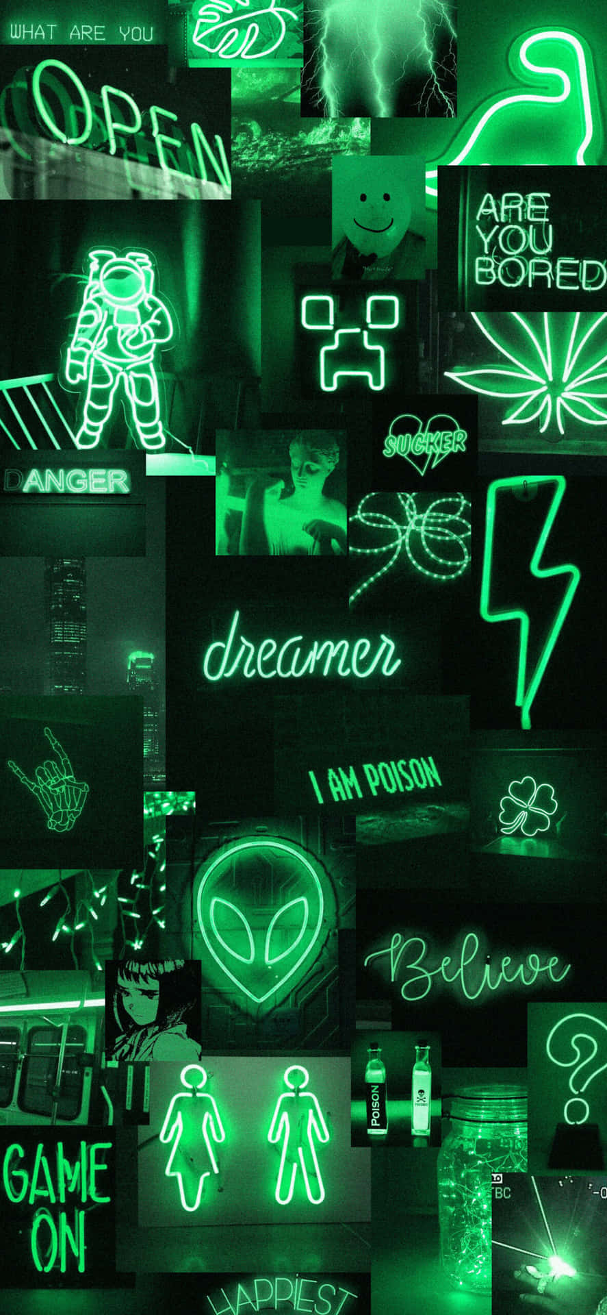 A Collage Of Green Neon Signs And Symbols