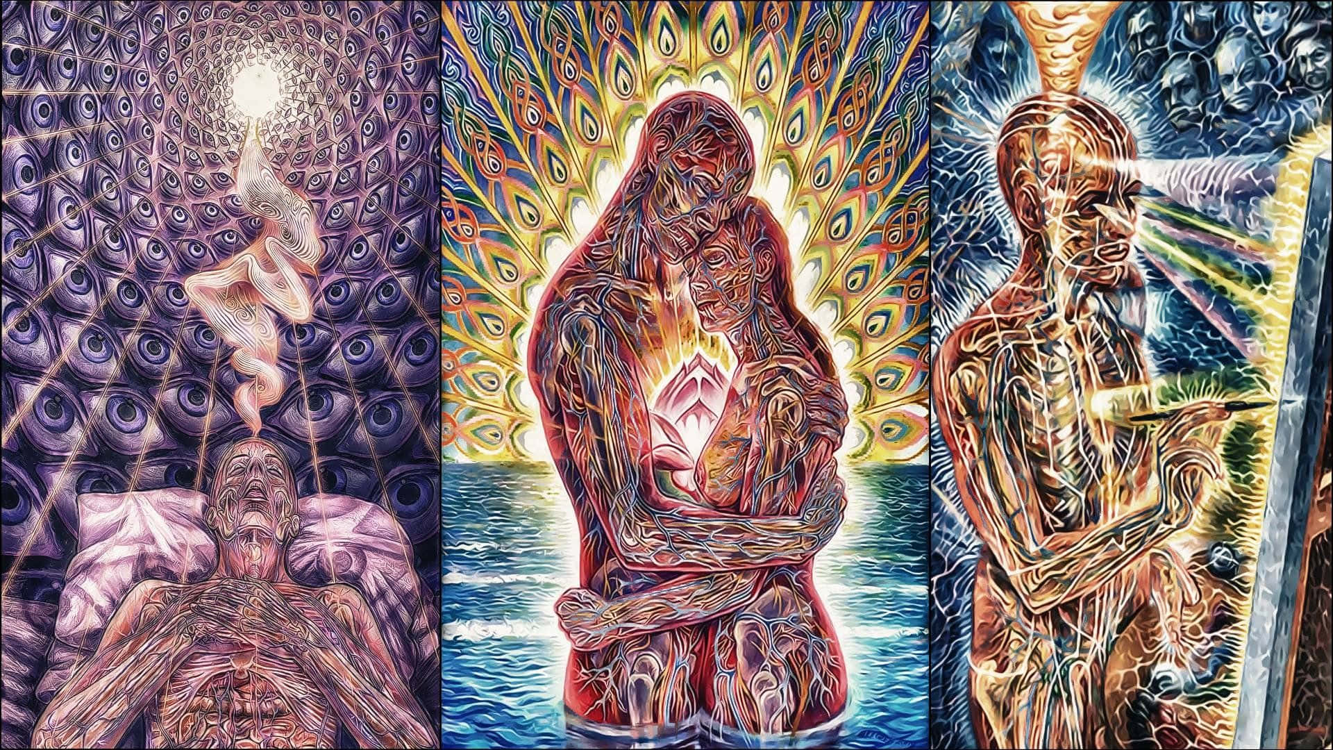 A Collage Of Images Of A Man And Woman In A Room Background