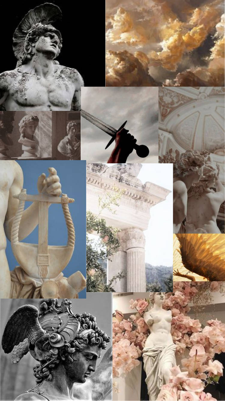 A Collage Of Images Of Statues And Flowers