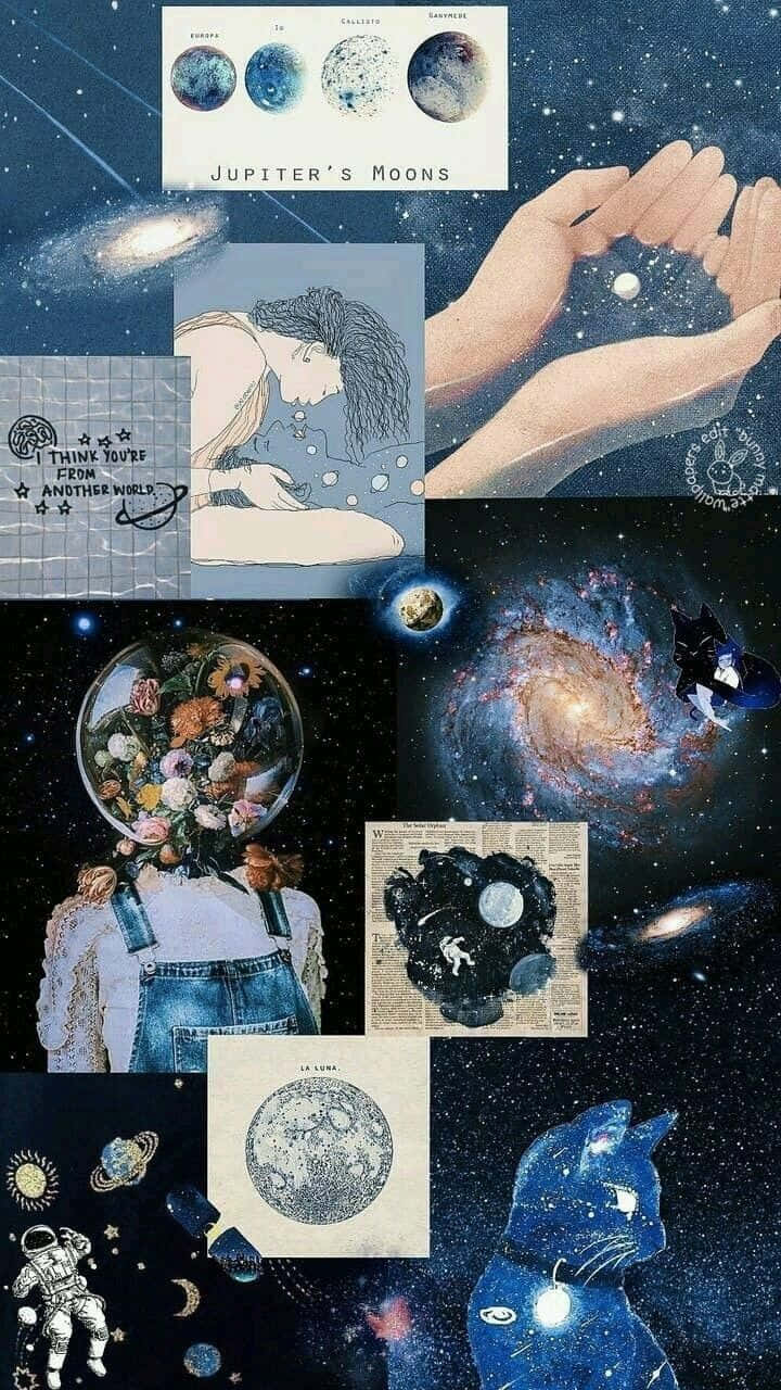 A Collage Of Images Of The Moon, Stars And Planets Background