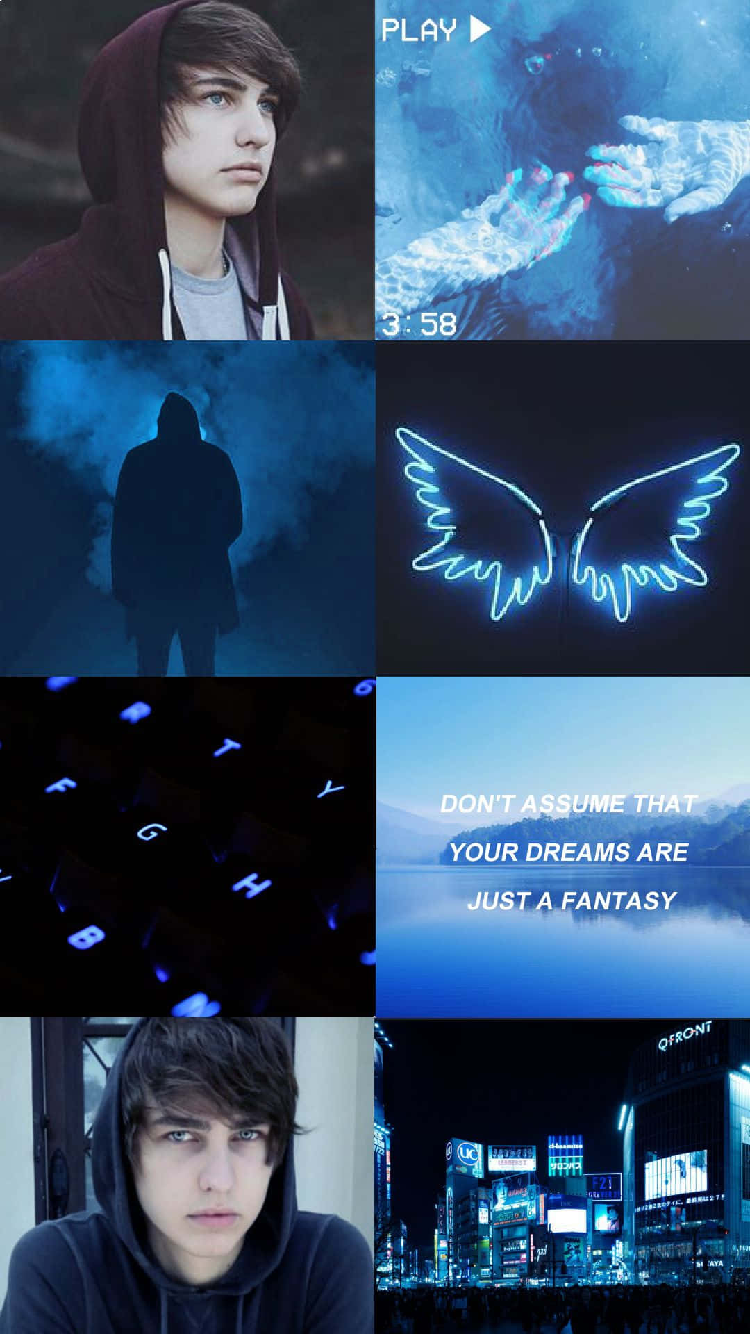 A Collage Of Images With Blue Lights And A Man With Wings Background