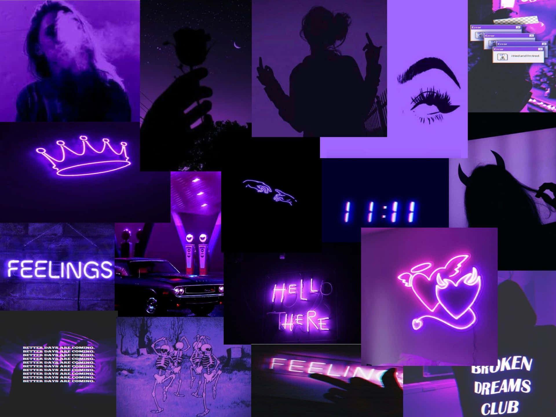 A Collage Of Images With Purple Neon Lights Background