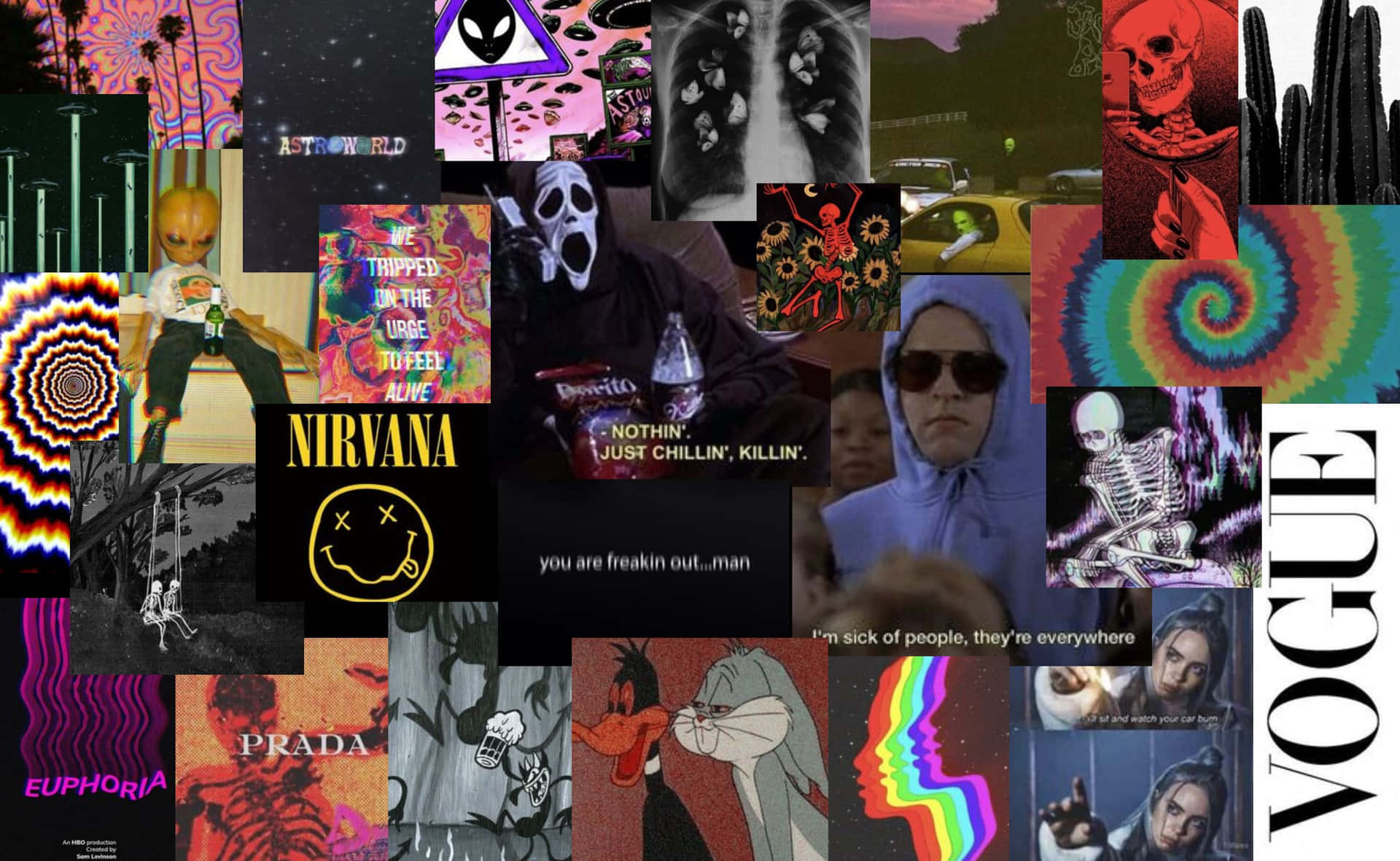 A Collage Of Images With The Words Vogue And A Skull Background