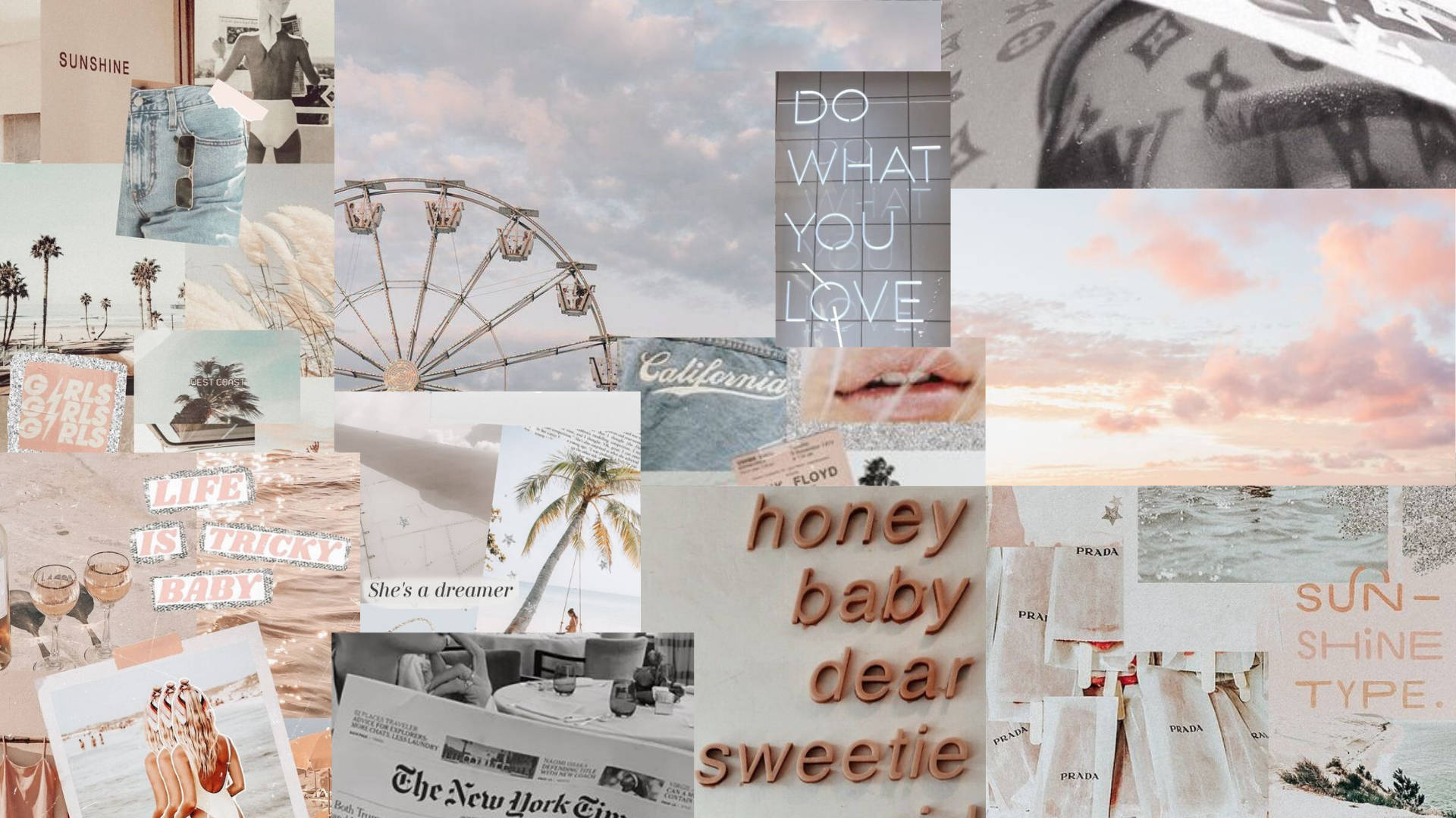 A Collage Of Photos And Text With A Beach Theme Background