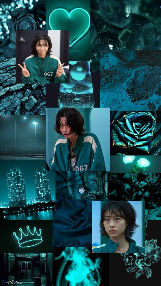 A Collage Of Photos Of A Girl In Blue And Green