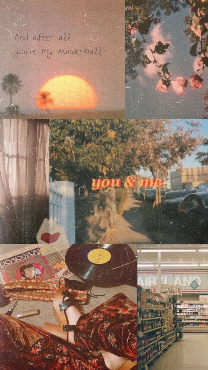 A Collage Of Photos Of A Store And A Sunset Background