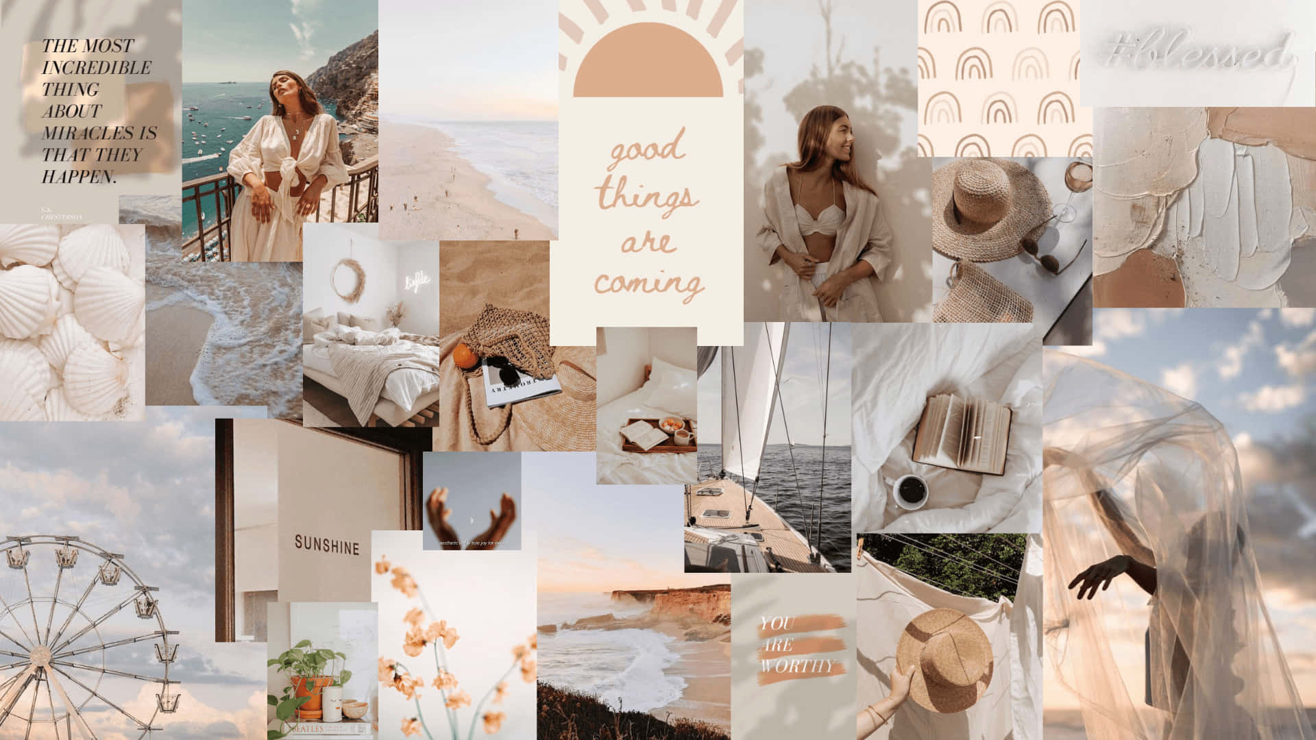 A Collage Of Photos Of Beach And Beach Items Background