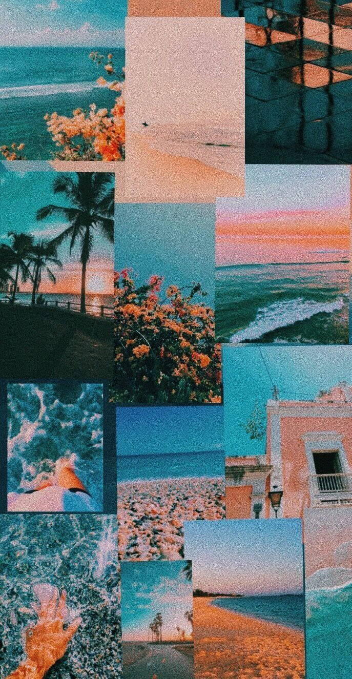 A Collage Of Photos Of Beach And Ocean Background