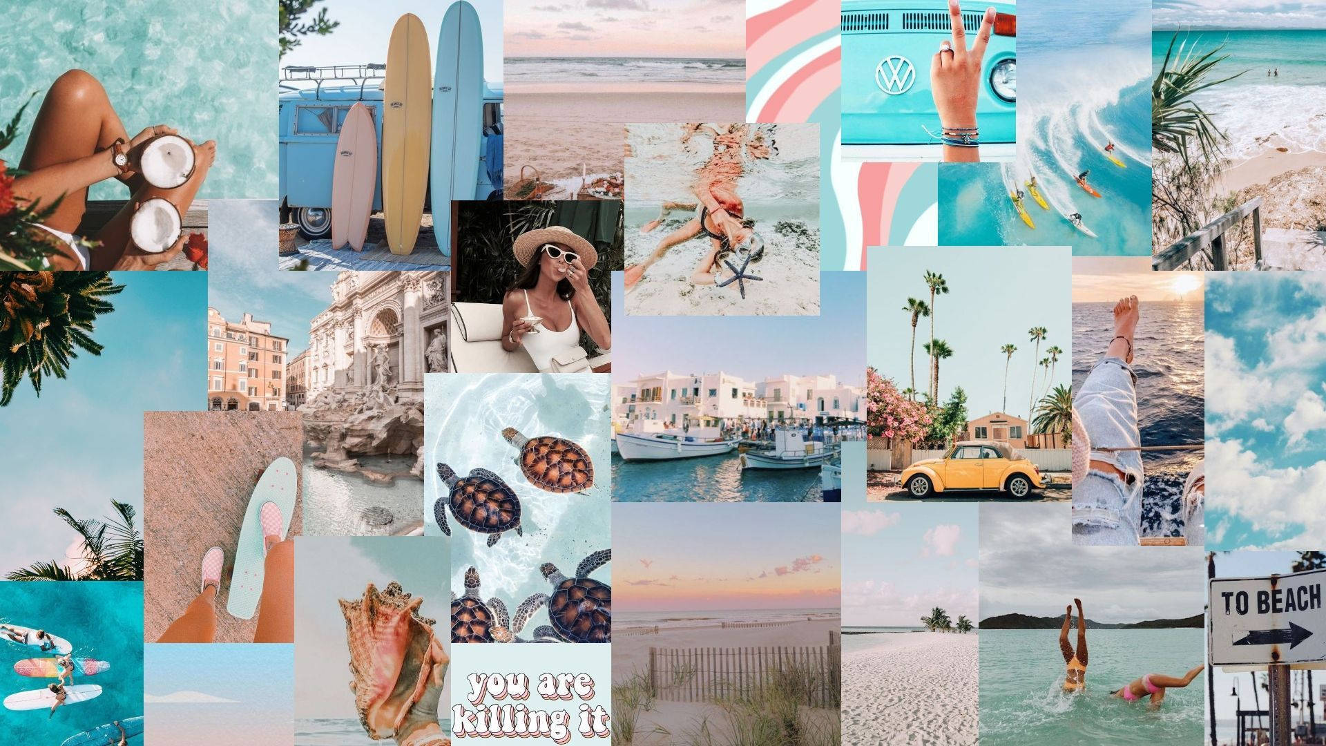 A Collage Of Photos Of People And Beach Scenes Background