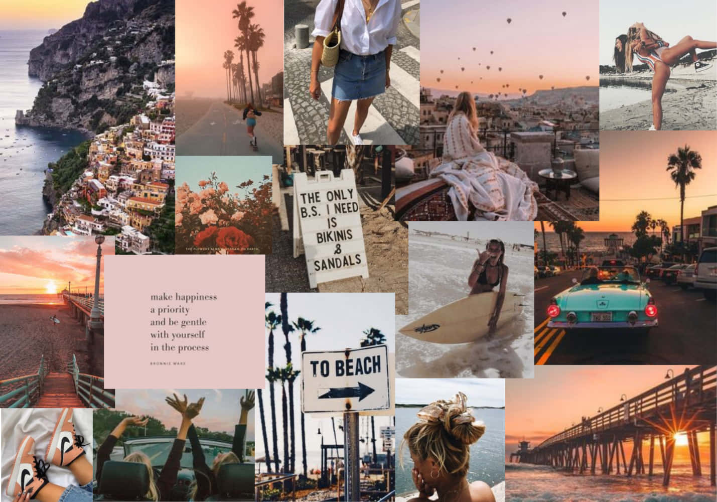 A Collage Of Photos Of People At The Beach Background
