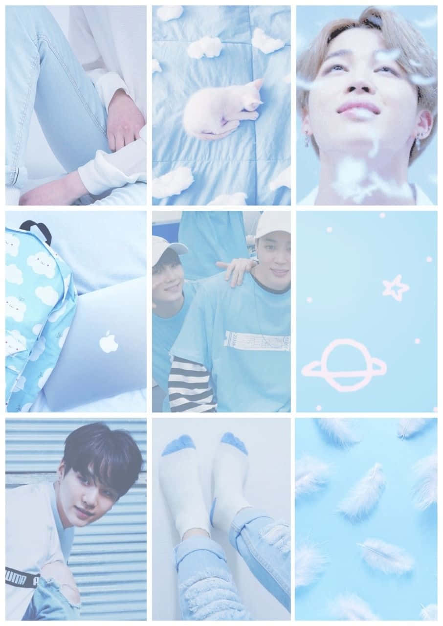 A Collage Of Photos Of People In Blue Clothes Background