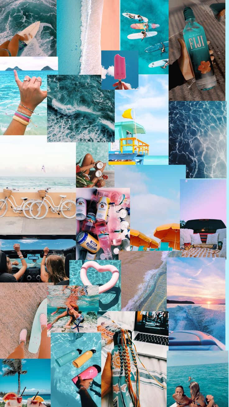 A Collage Of Photos Of People On The Beach Background