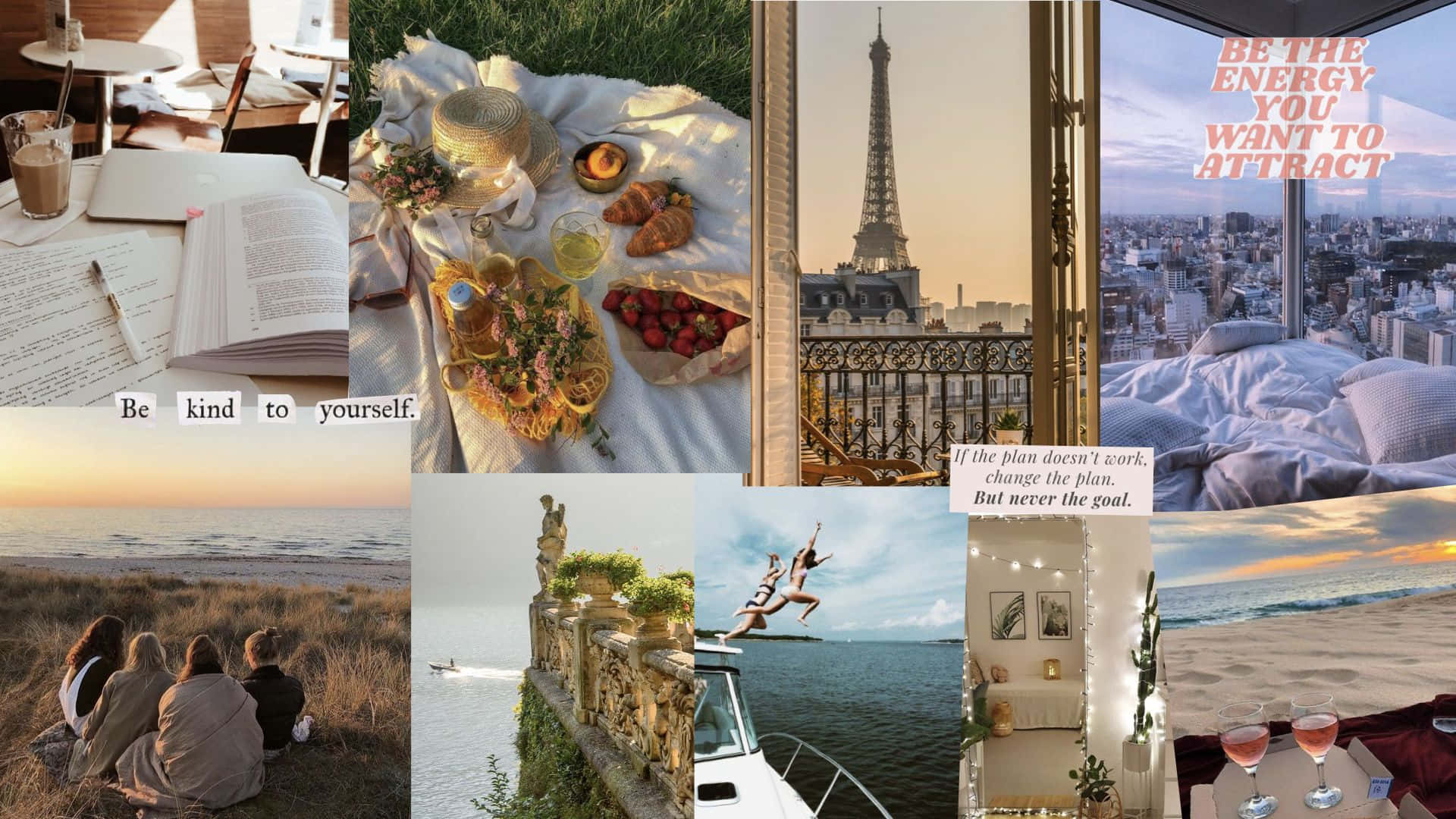 A Collage Of Photos Of People Sitting On The Beach Background