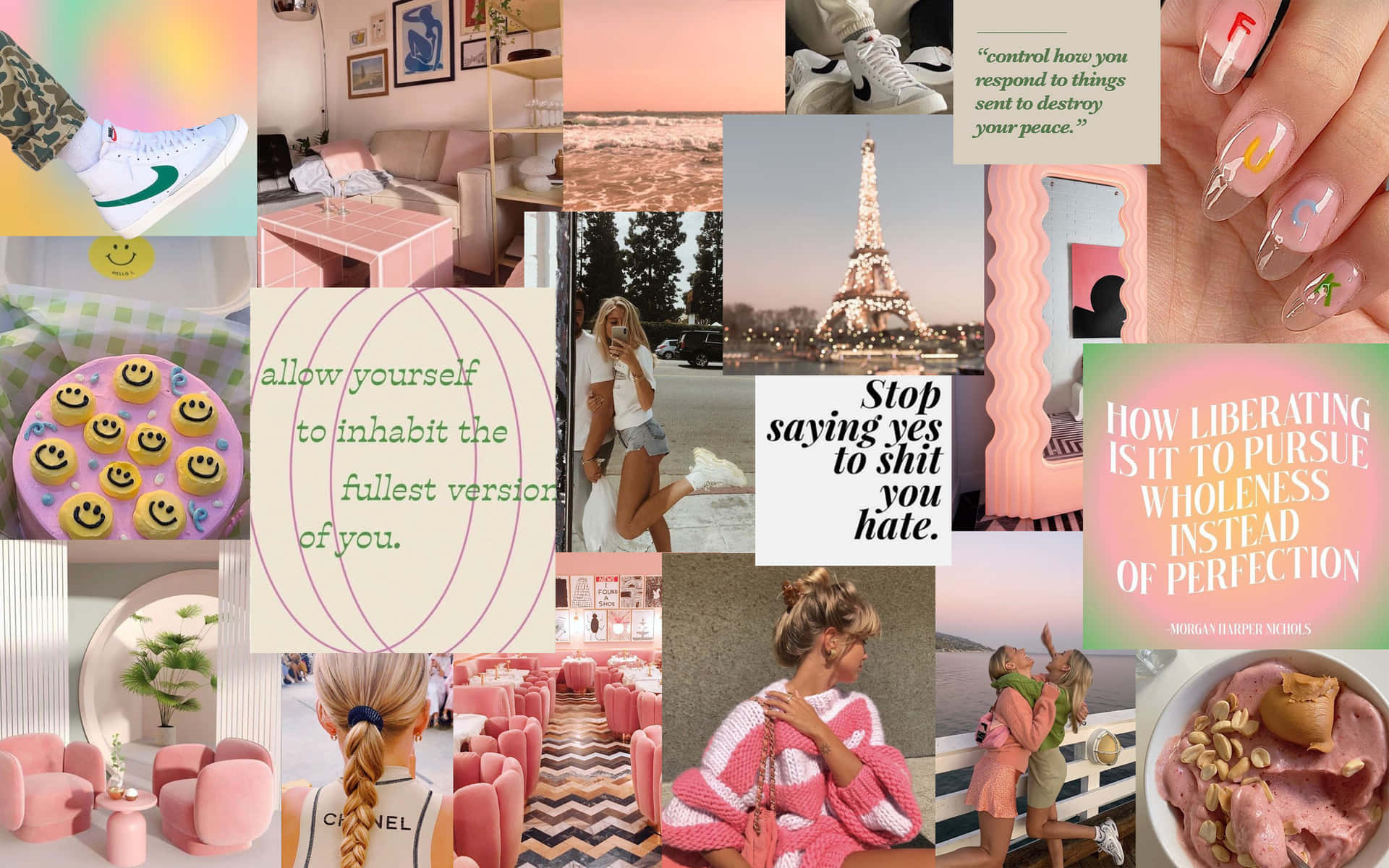 A Collage Of Photos Of Pink And White Items Background