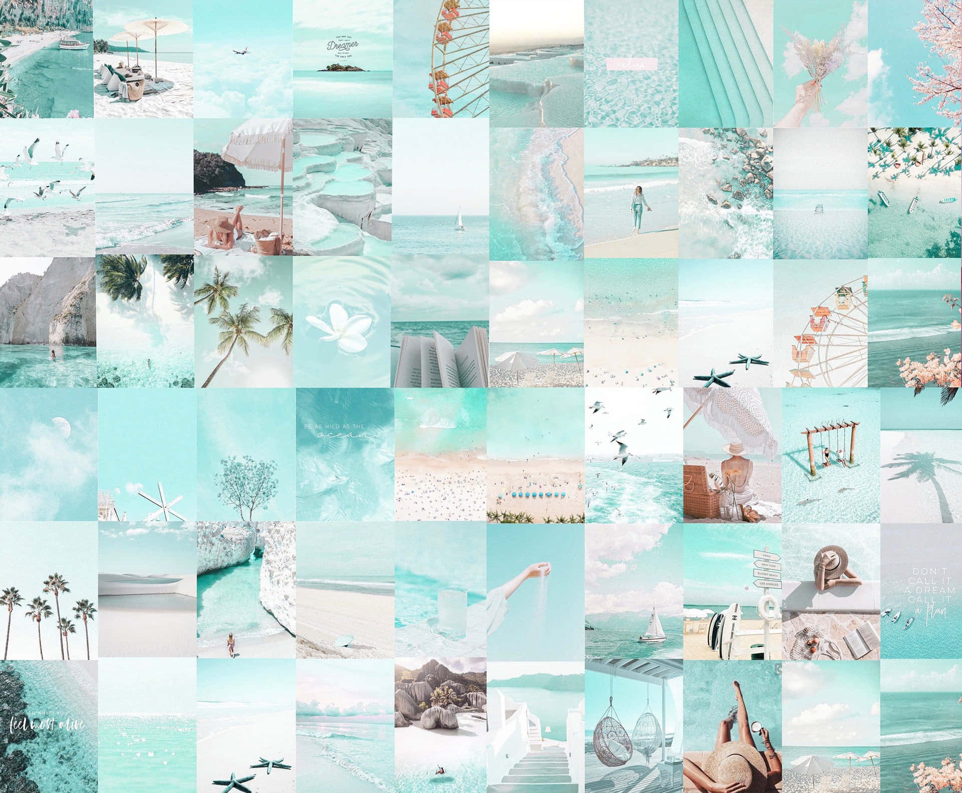 A Collage Of Photos Of The Ocean And Beach Background