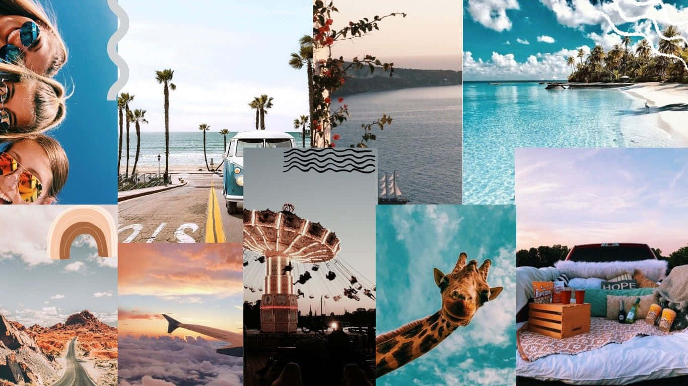 A Collage Of Photos With A Beach, Giraffe, And A Giraffe Background