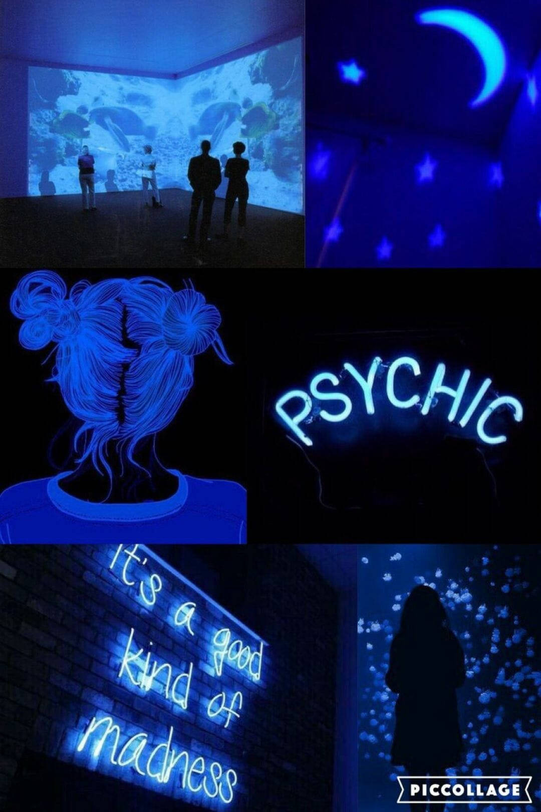 A Collage Of Photos With Blue Neon Lights And A Blue Sign Background