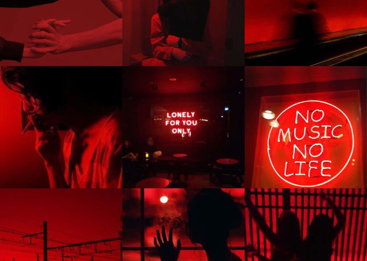 A Collage Of Photos With Red Lights And A Red Sign Background